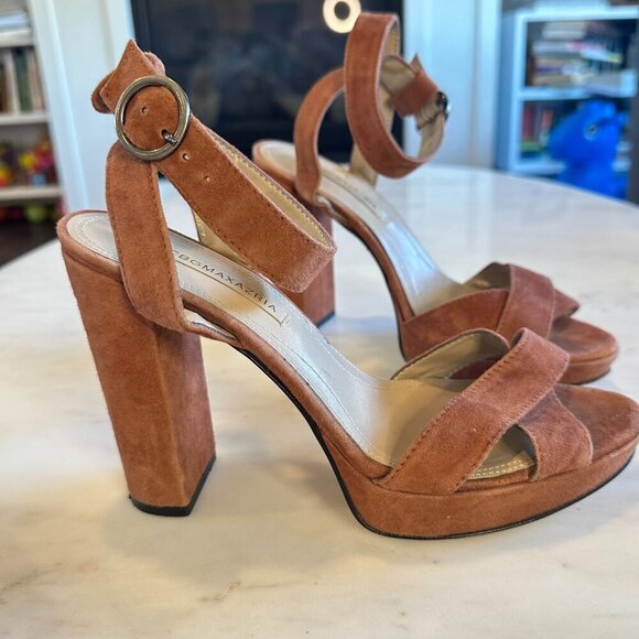 BCBG Maxazria Platform Brown Suede Criss Cross Sandal Heels Wedding Guest 39.5 - Picture 2 of 8